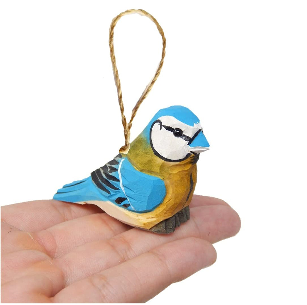 Courpi Blue Jay Ornament – Hand-Carved Wooden Hanging Bird Figurine, Holiday Decoration, Miniature Wildlife Art, Rustic Handmade Nature-Inspired Gift