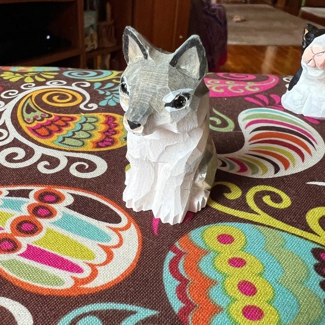 Gray Wolf Small Wood Art Figurine Handmade Statue Art Carving Sculpture Decor Small Animal