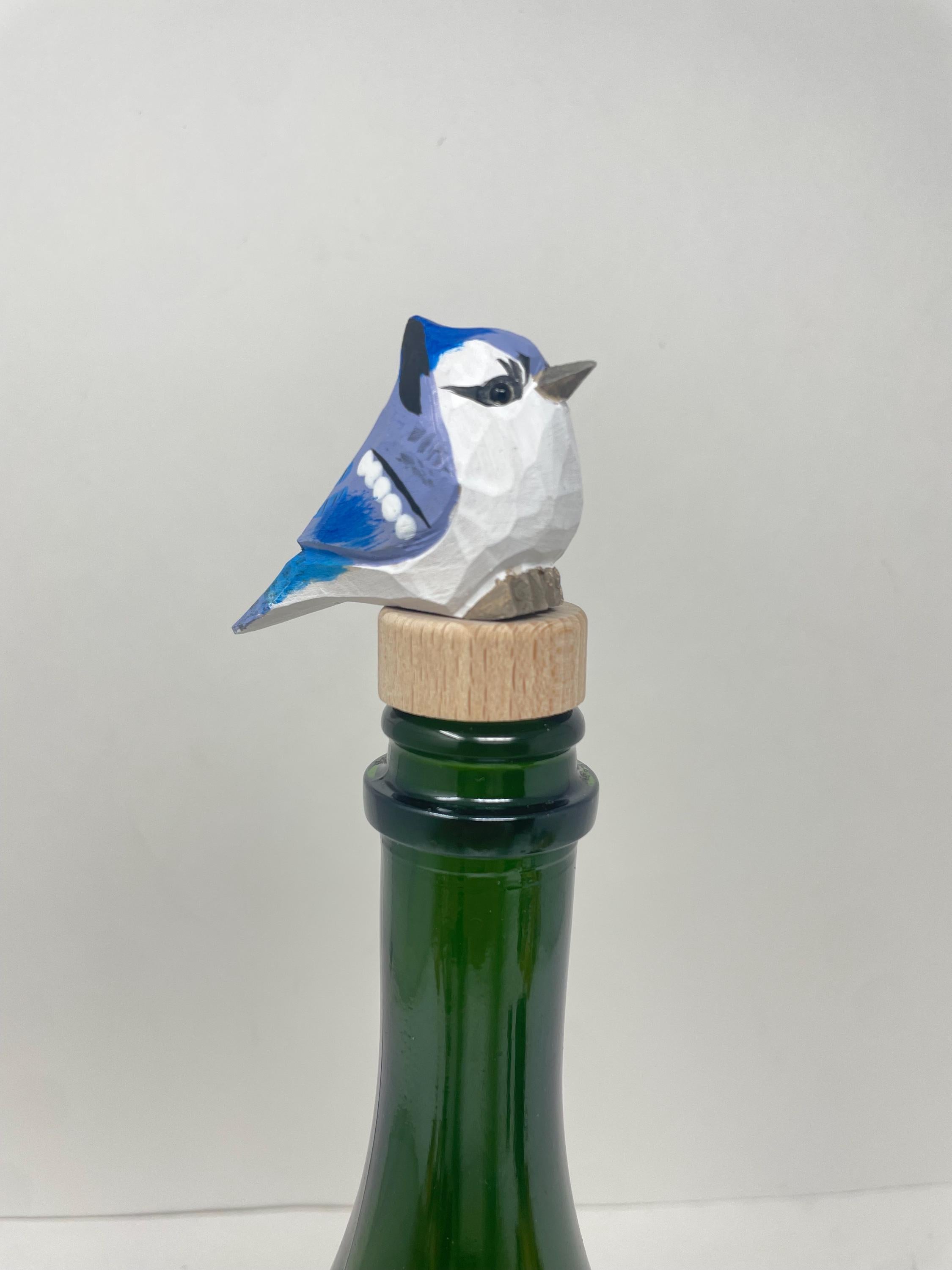 Handmade Blue Jay Bird Wine Stopper – Rustic Reusable Bottle Plug