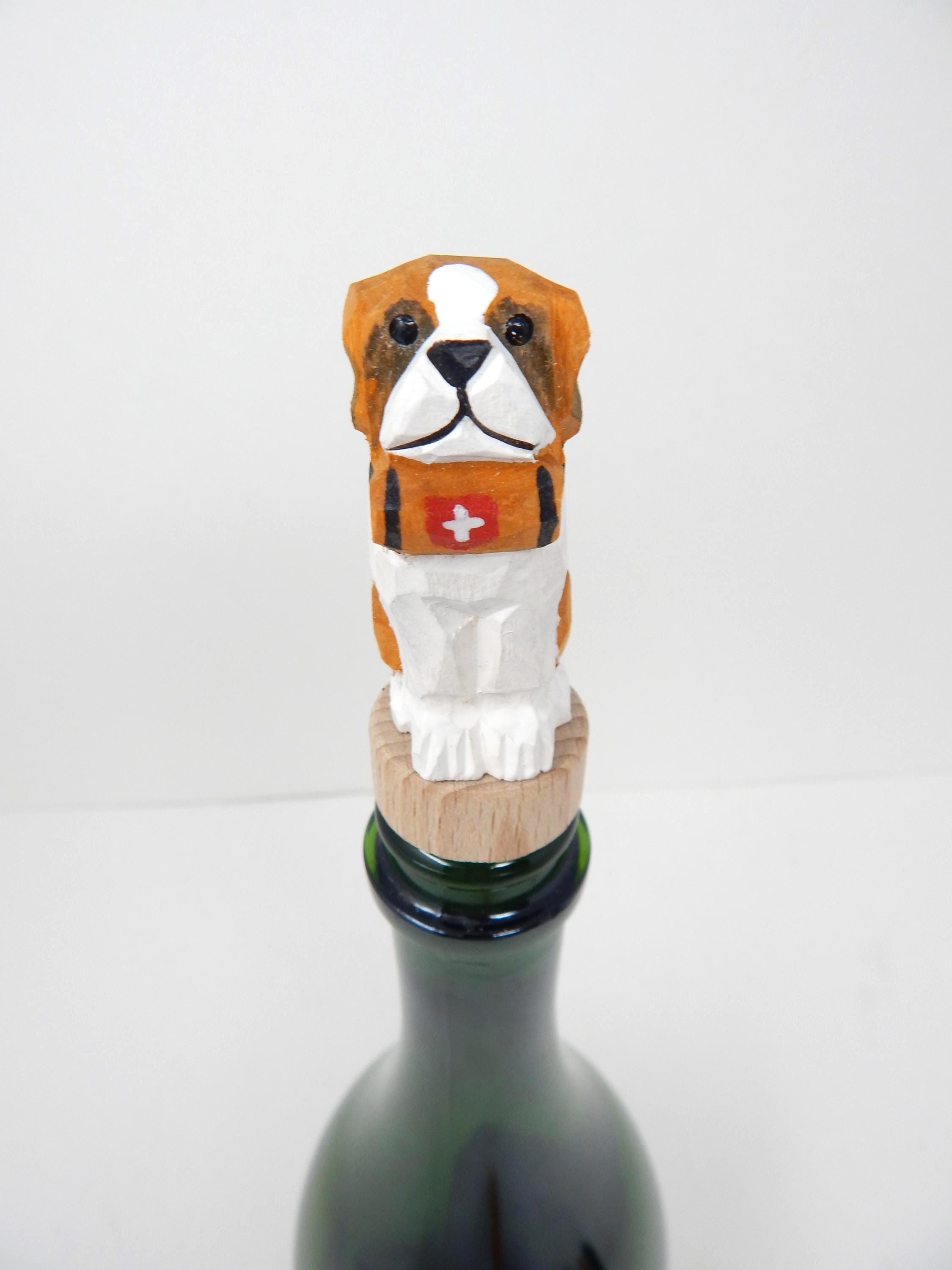 Hand-Carved Wooden St. Bernard Dog Wine Stopper – Rustic Bottle Plug