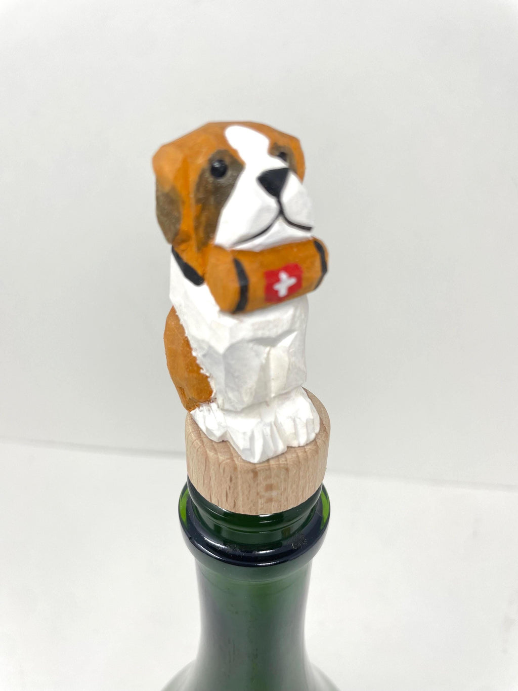 Hand-Carved Wooden St. Bernard Dog Wine Stopper – Rustic Bottle Plug