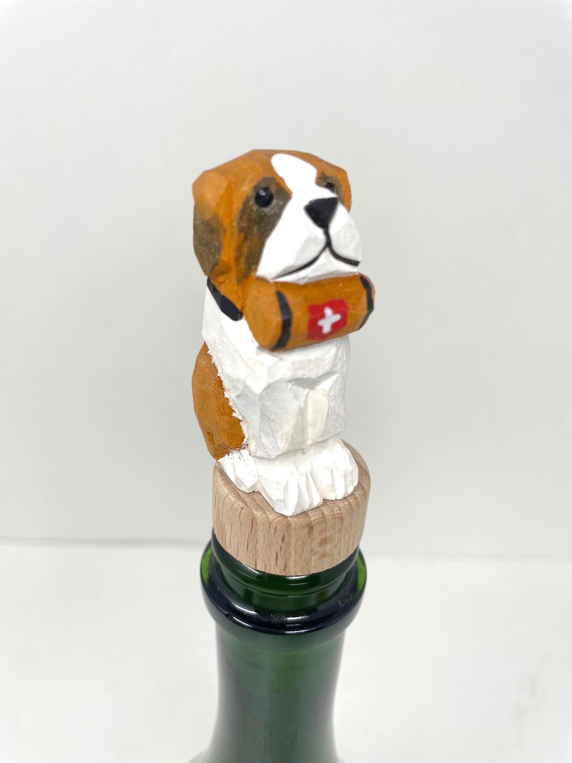 Hand-Carved Wooden St. Bernard Dog Wine Stopper – Rustic Bottle Plug