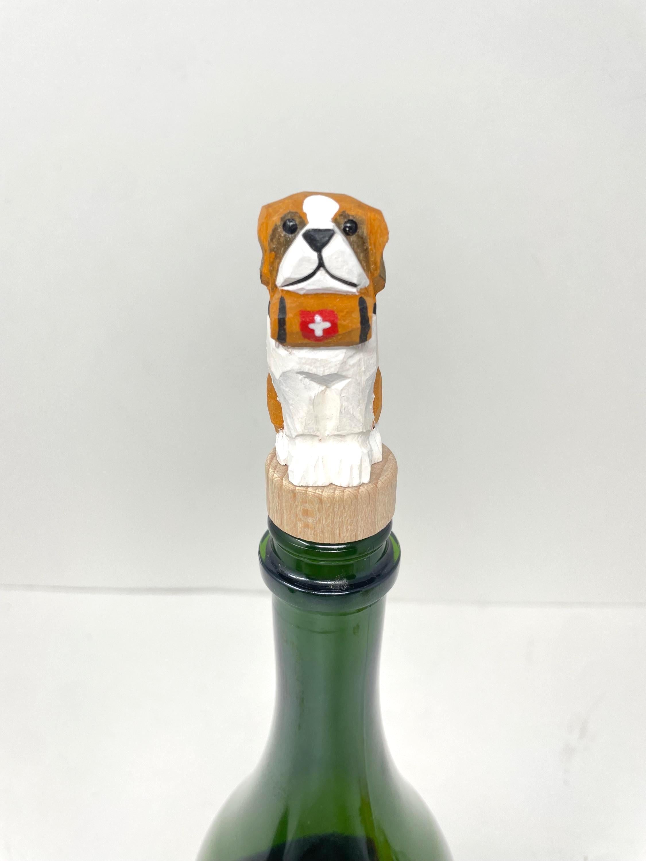 Hand-Carved Wooden St. Bernard Dog Wine Stopper – Rustic Bottle Plug