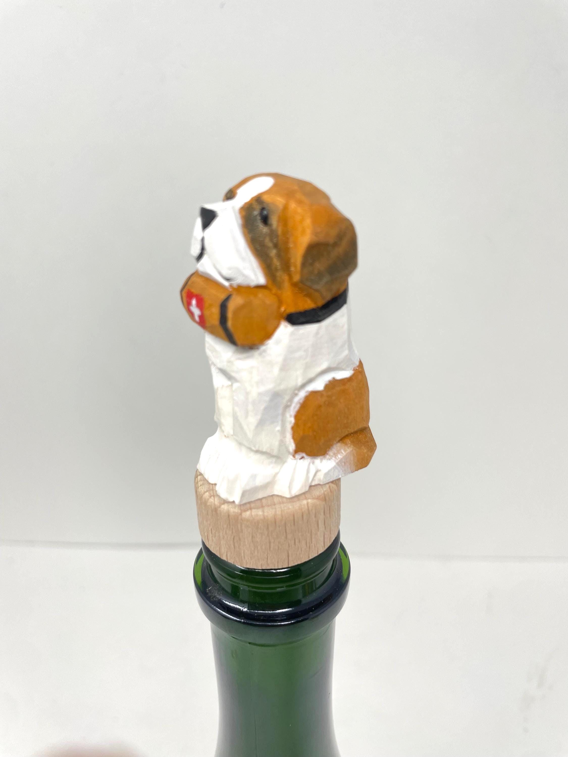 Hand-Carved Wooden St. Bernard Dog Wine Stopper – Rustic Bottle Plug