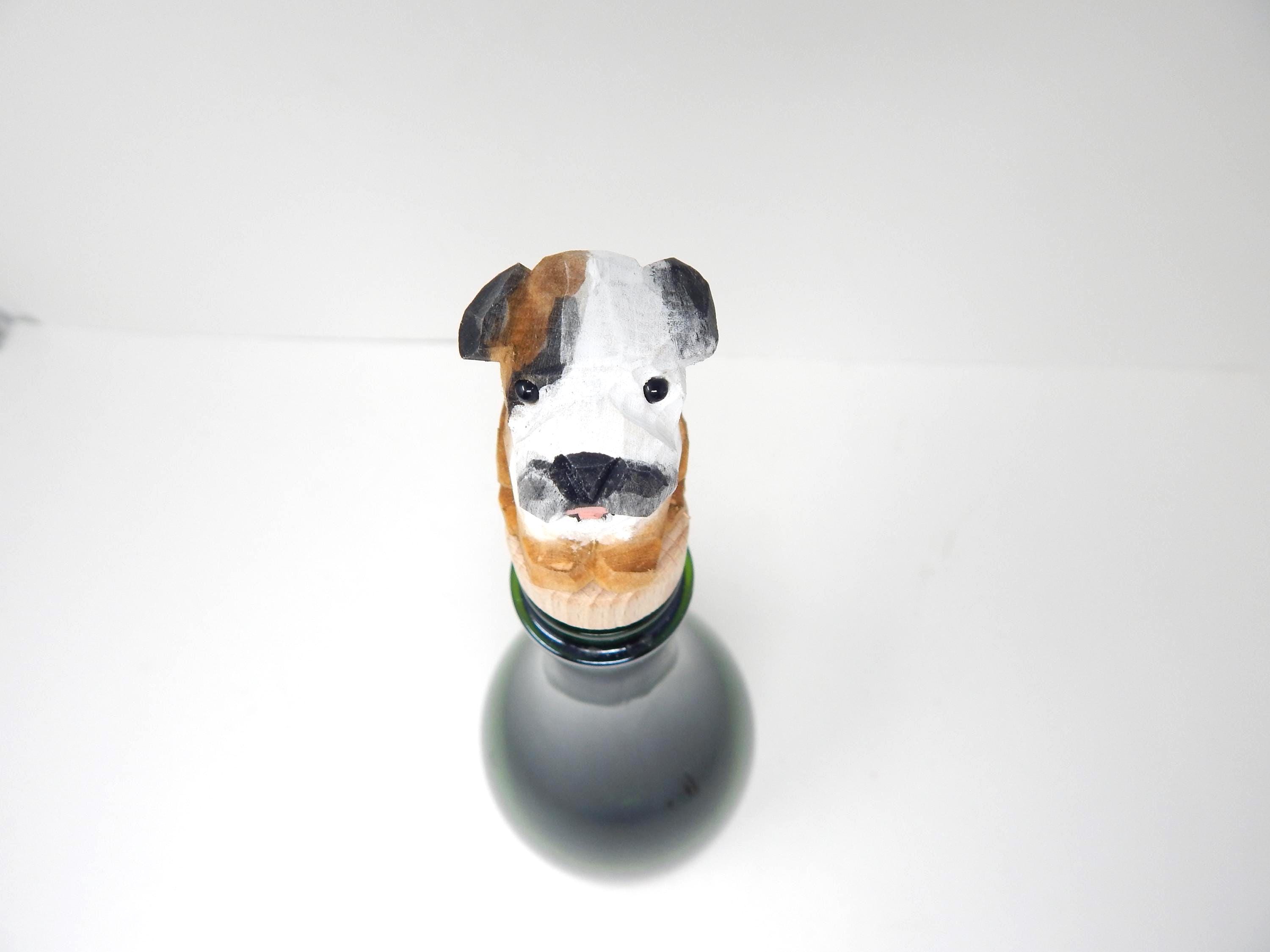 Hand-Carved Wooden Bulldog Wine Stopper – Rustic Bottle Plug