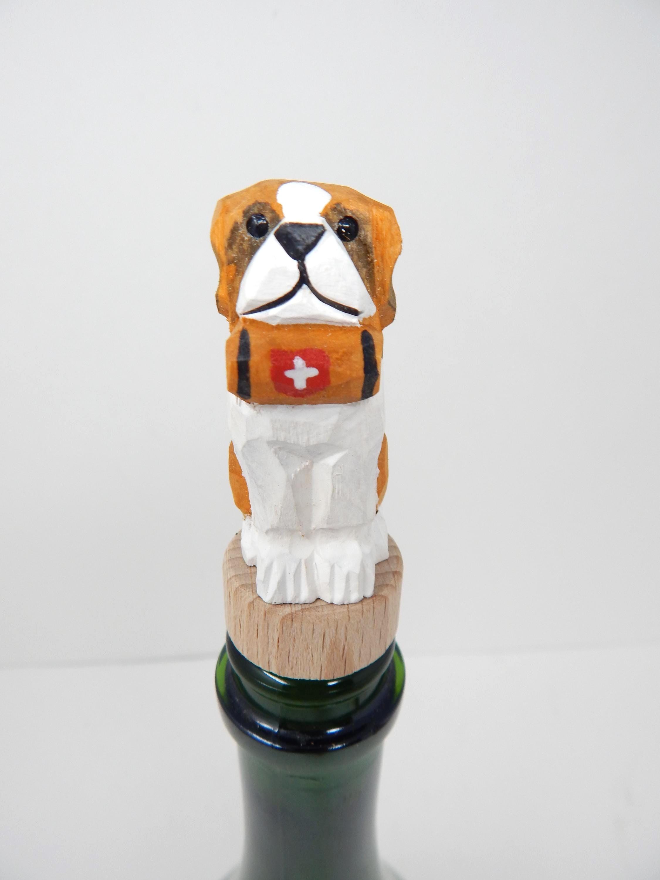 Hand-Carved Wooden St. Bernard Dog Wine Stopper – Rustic Bottle Plug