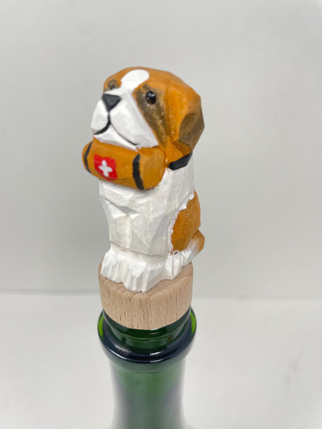 Hand-Carved Wooden St. Bernard Dog Wine Stopper – Rustic Bottle Plug