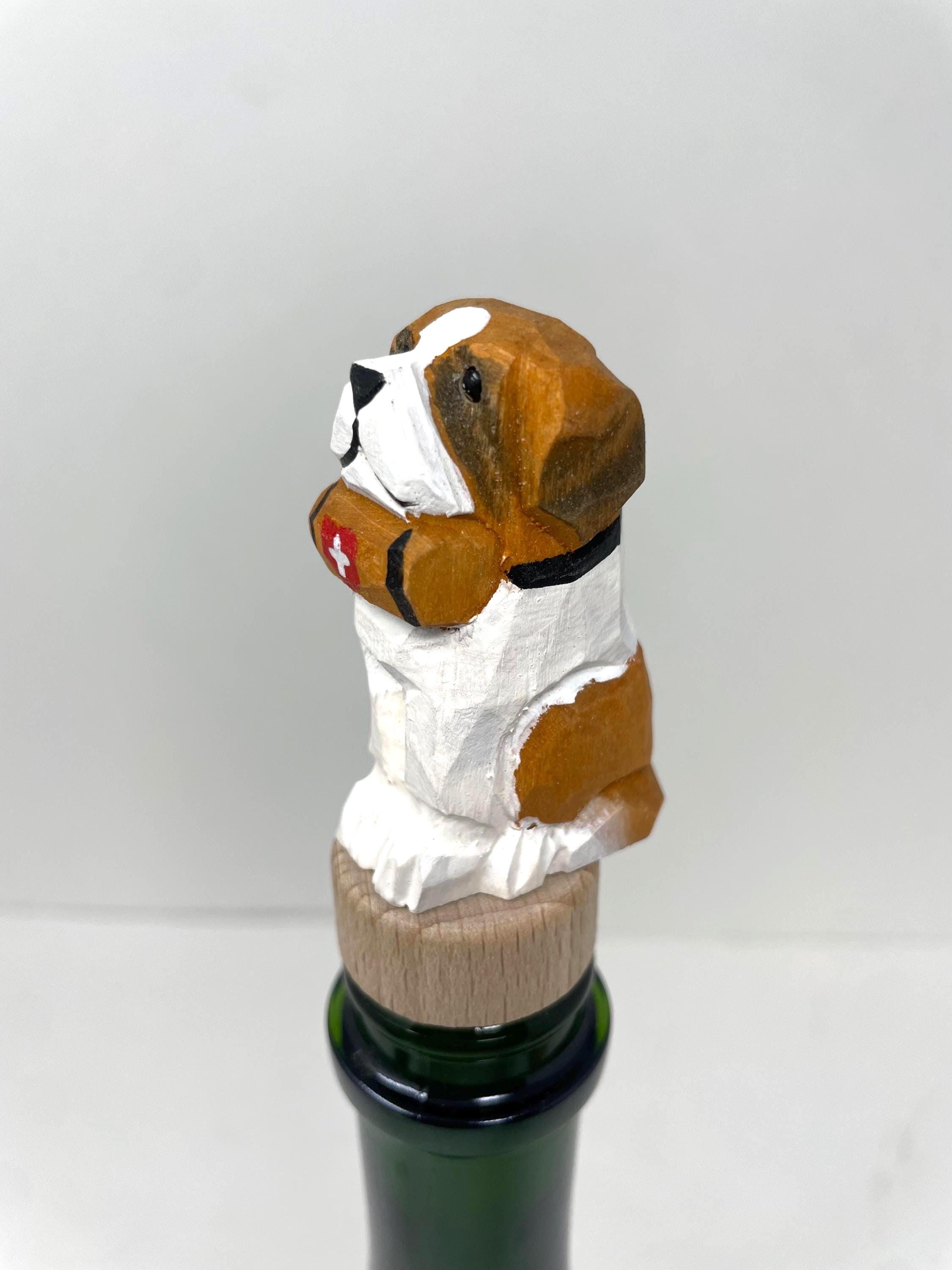 Hand-Carved Wooden St. Bernard Dog Wine Stopper – Rustic Bottle Plug