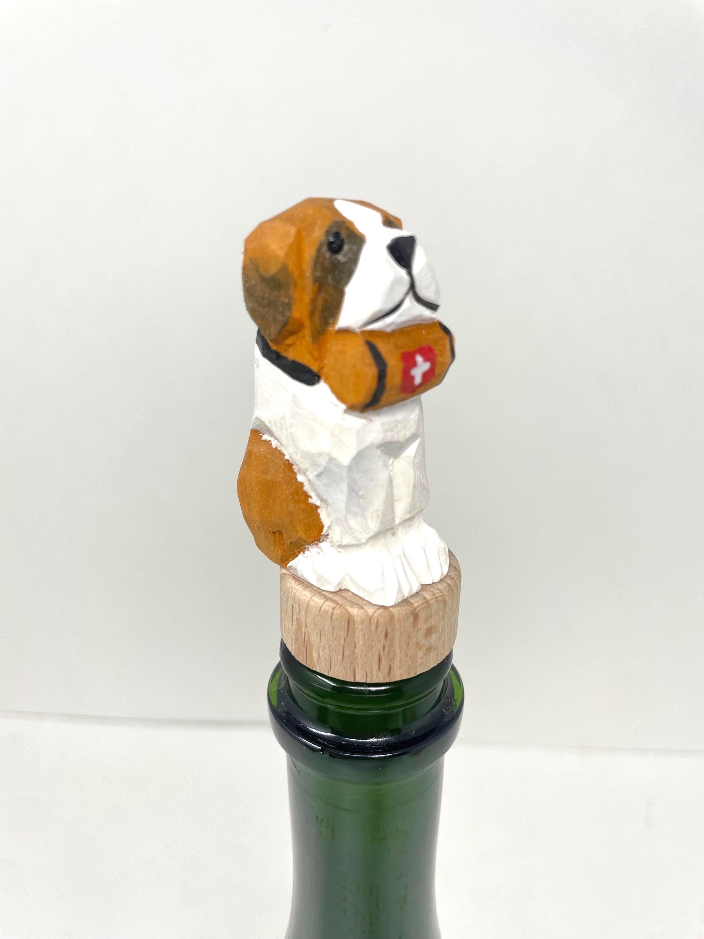Hand-Carved Wooden St. Bernard Dog Wine Stopper – Rustic Bottle Plug